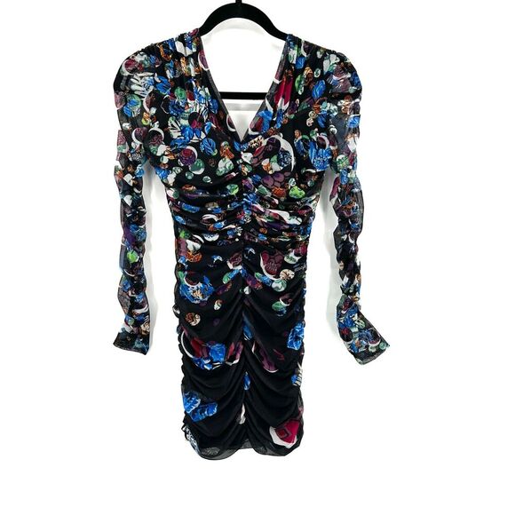 DESIGUAL Black Colorful M. Christian Lacroix Short Ruched V-Neck Mini Dress XS - Picture 5 of 11